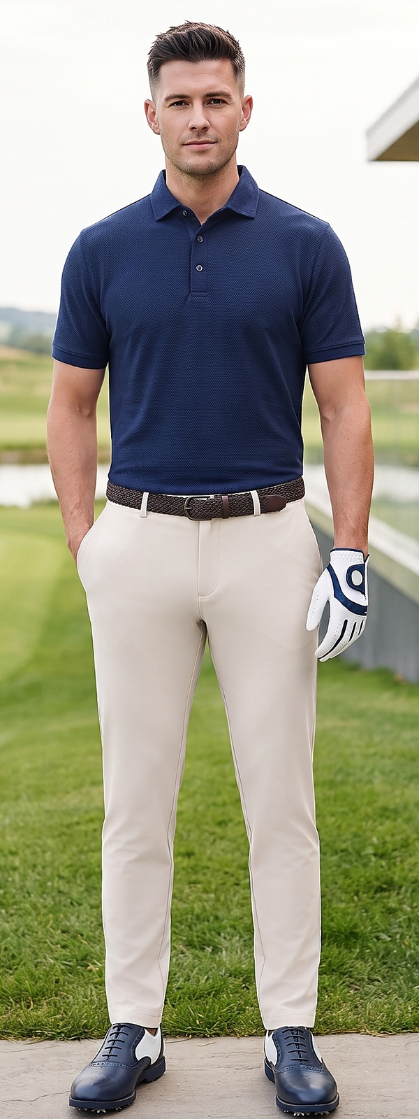 Navy Performance Polo Cream Golf Pants and Saddle Shoes Fairway Look