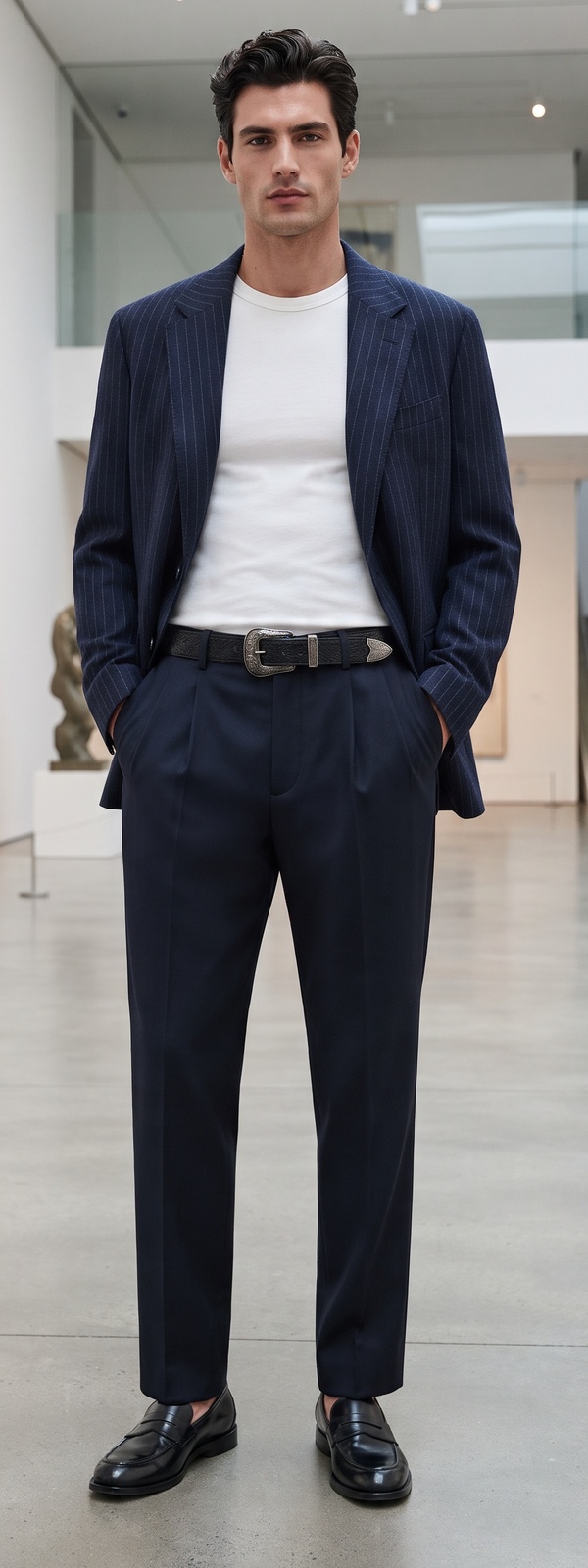 Navy Pinstripe Blazer with White T-Shirt and Pleated Navy Dress Pants