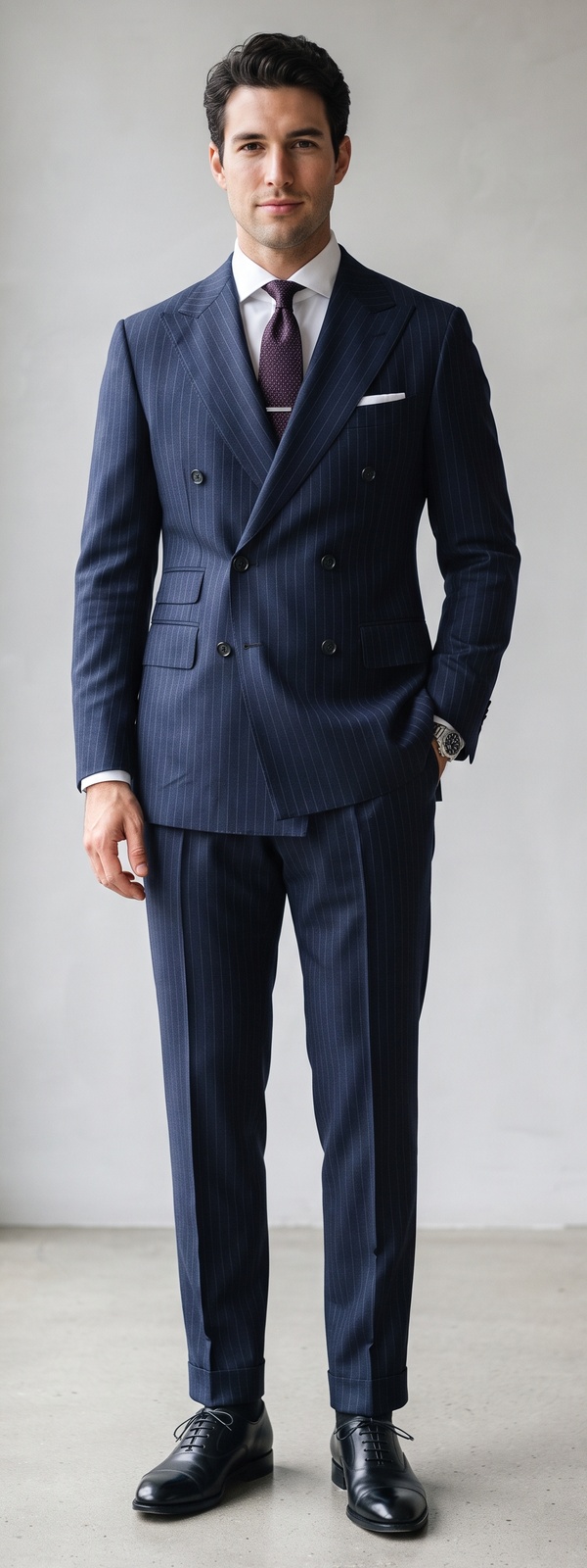 Navy Pinstripe Double Breasted Suit with Burgundy Tie and Black Oxfords