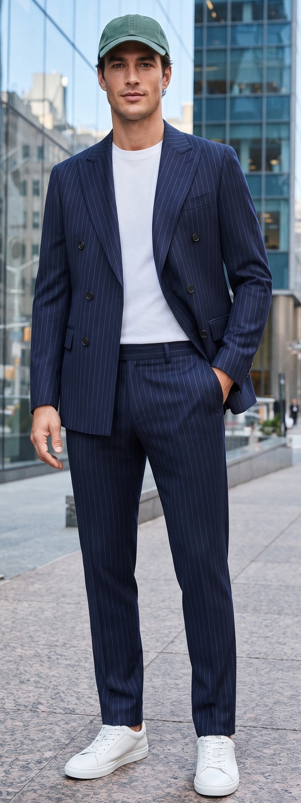 Navy Pinstripe Double-Breasted Suit with White T-Shirt and Green Baseball Cap