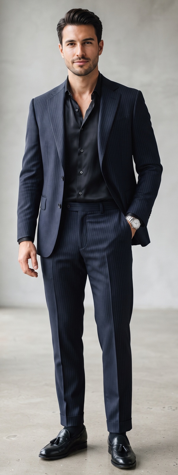 Sleek Navy Pinstripe Suit with Black Dress Shirt and Tassel Loafers
