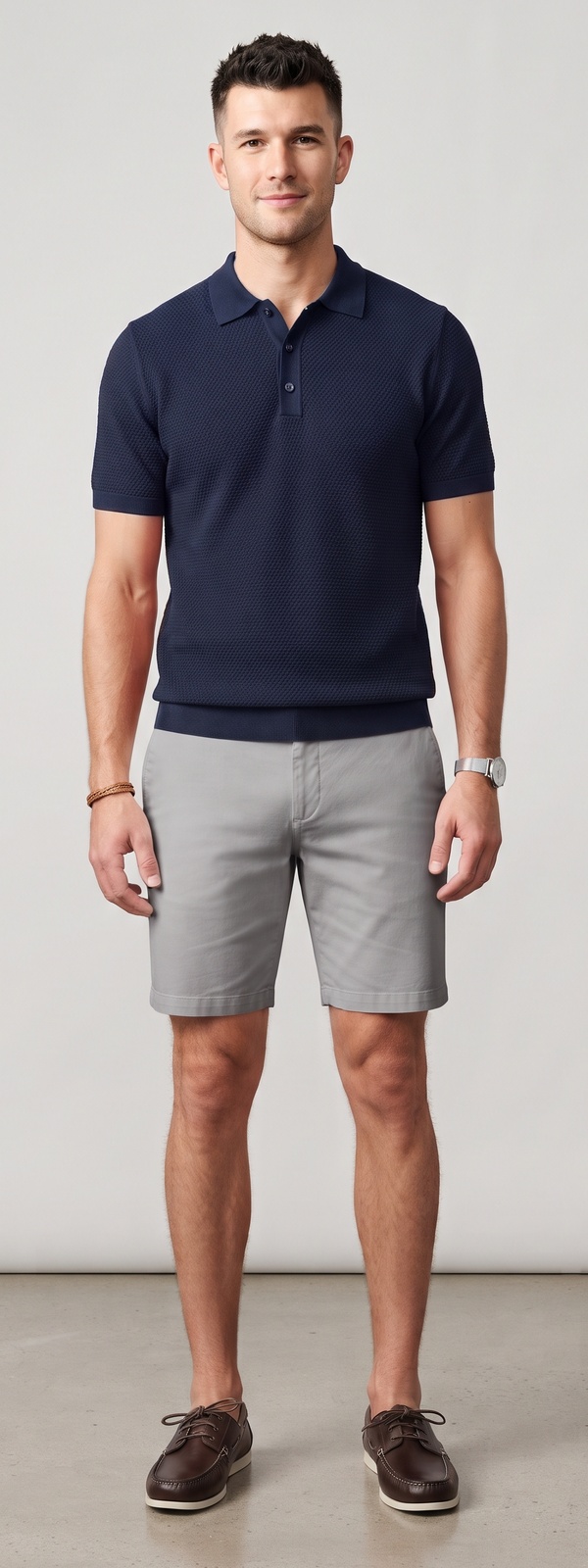 Navy Pointelle Knit Polo and Grey Chino Shorts Summer Look