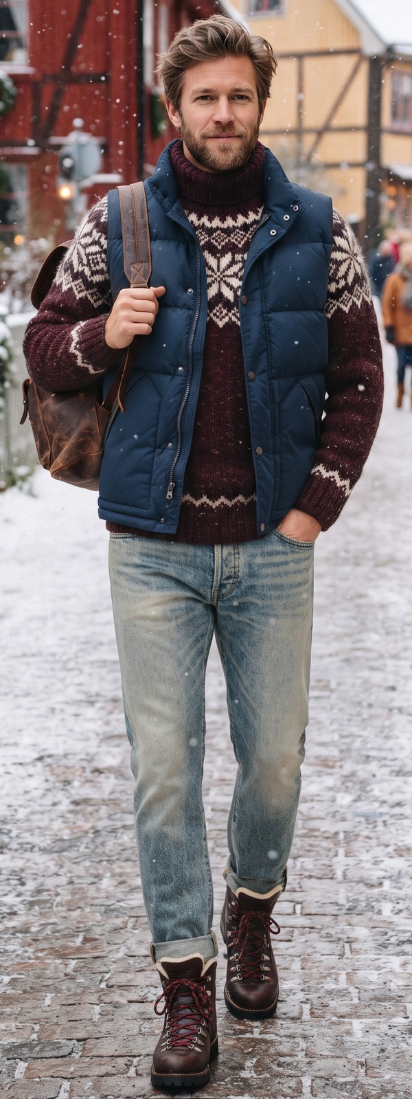 Alpine Winter Puffer Vest and Fair Isle Turtleneck Sweater Look