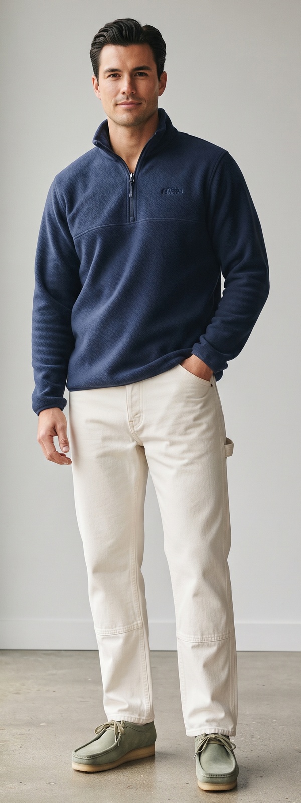 Navy Quarter Zip Fleece Pullover with Cream Carpenter Pants and Sage Wallabees