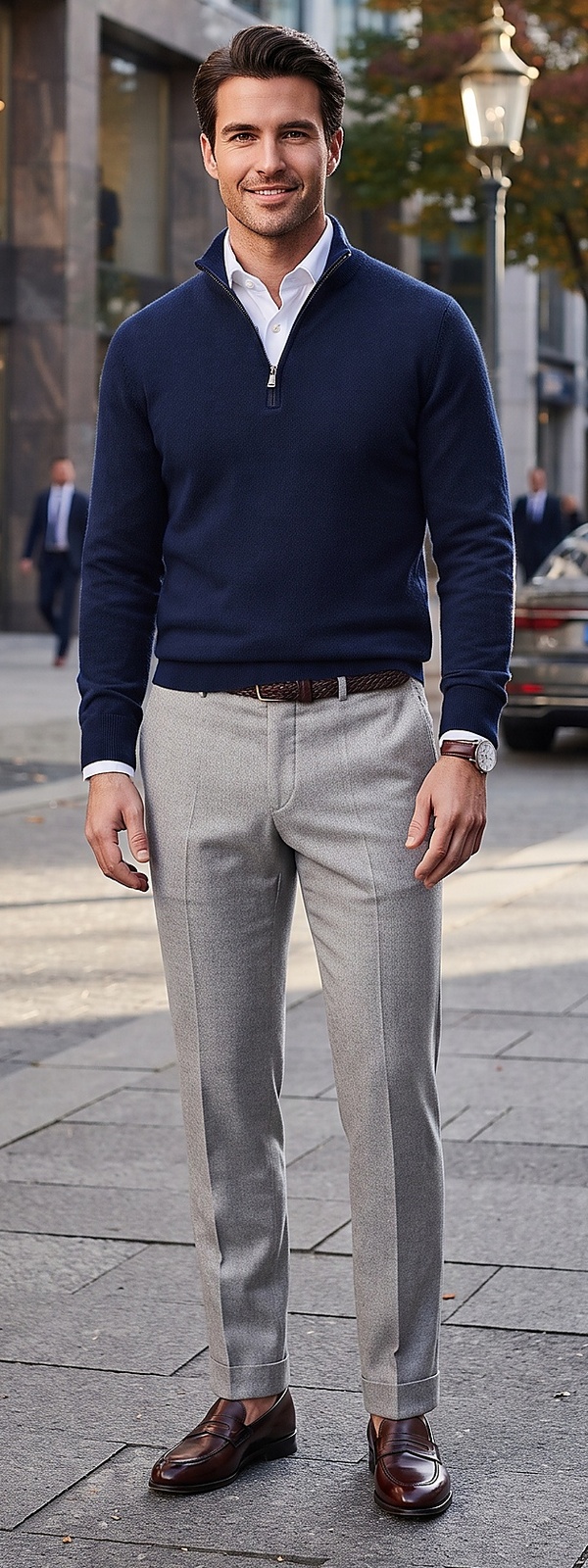 Sharp Navy Quarter Zip Sweater and Light Grey Wool Pants Look