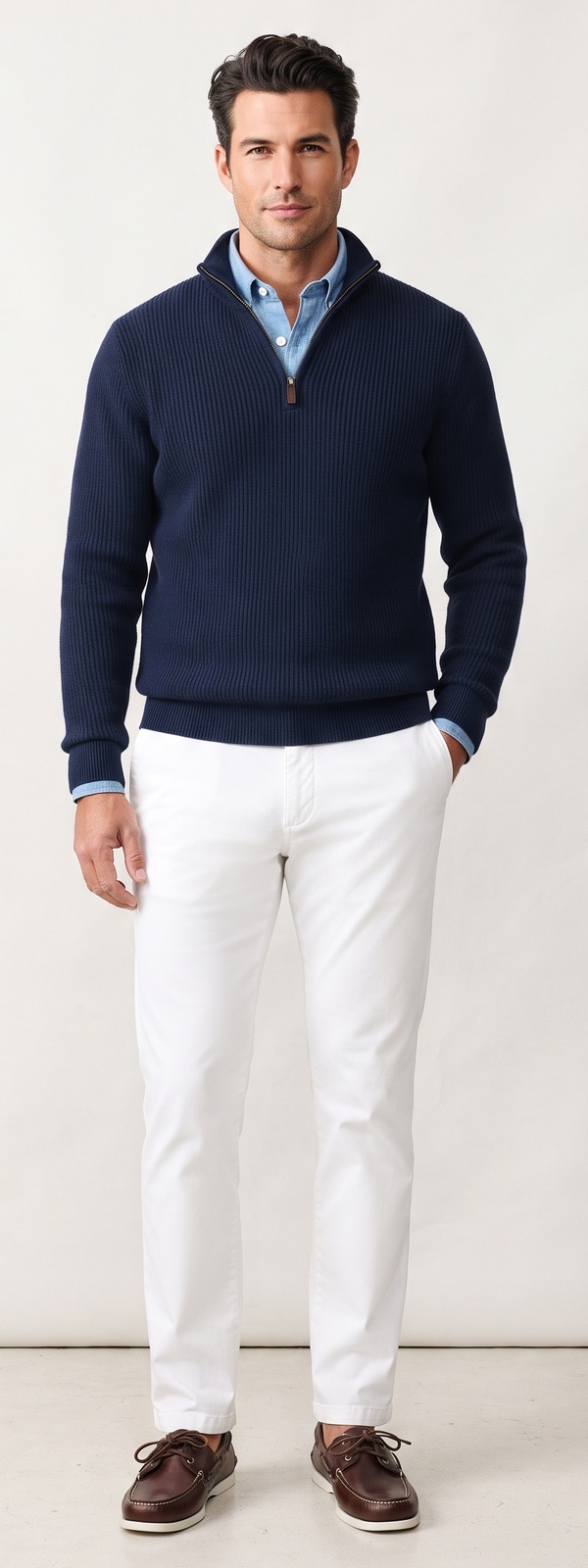 Navy Quarter Zip Sweater Chambray Shirt and White Chino Pants Look