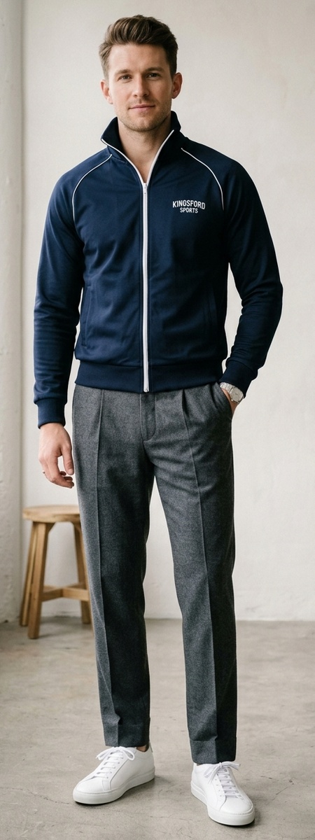 Navy Retro Funnel Neck Track Jacket with Pleated Grey Flannels and Court Sneakers