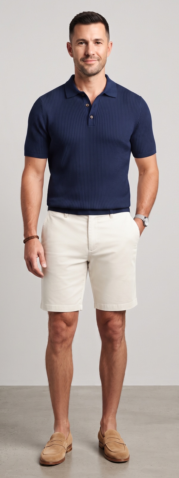 Navy Ribbed Knit Polo and Off White Chino Shorts Summer Look