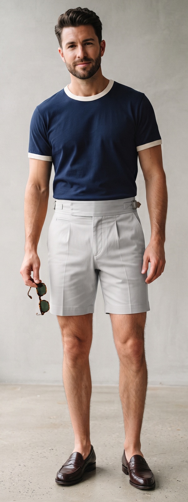 Navy Ringer Tee with Stone Gurkha Shorts and Penny Loafers
