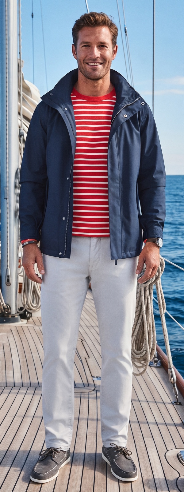 Navy Sailing Jacket and Red Breton Stripe Shirt Teak Deck Look