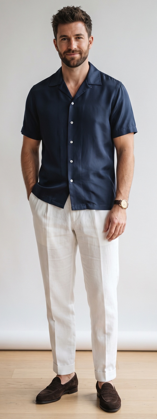 Navy Silk Camp Collar Shirt with White Linen Dress Pants