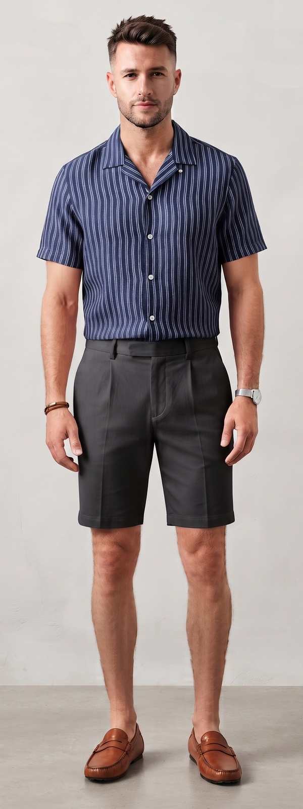 Navy Striped Camp Shirt and Charcoal Pleated Shorts Summer Look