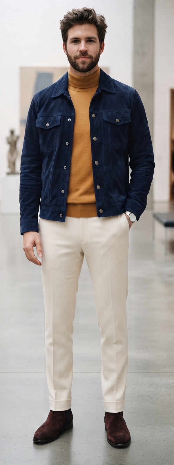 Modern Smart Casual Navy Suede Jacket and Mustard Turtleneck Look