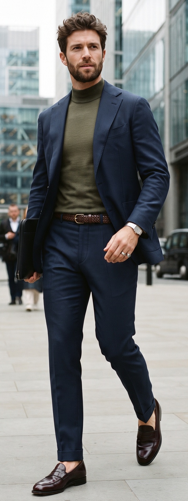 Sharp Business Casual Navy Wool Suit and Olive Turtleneck Look