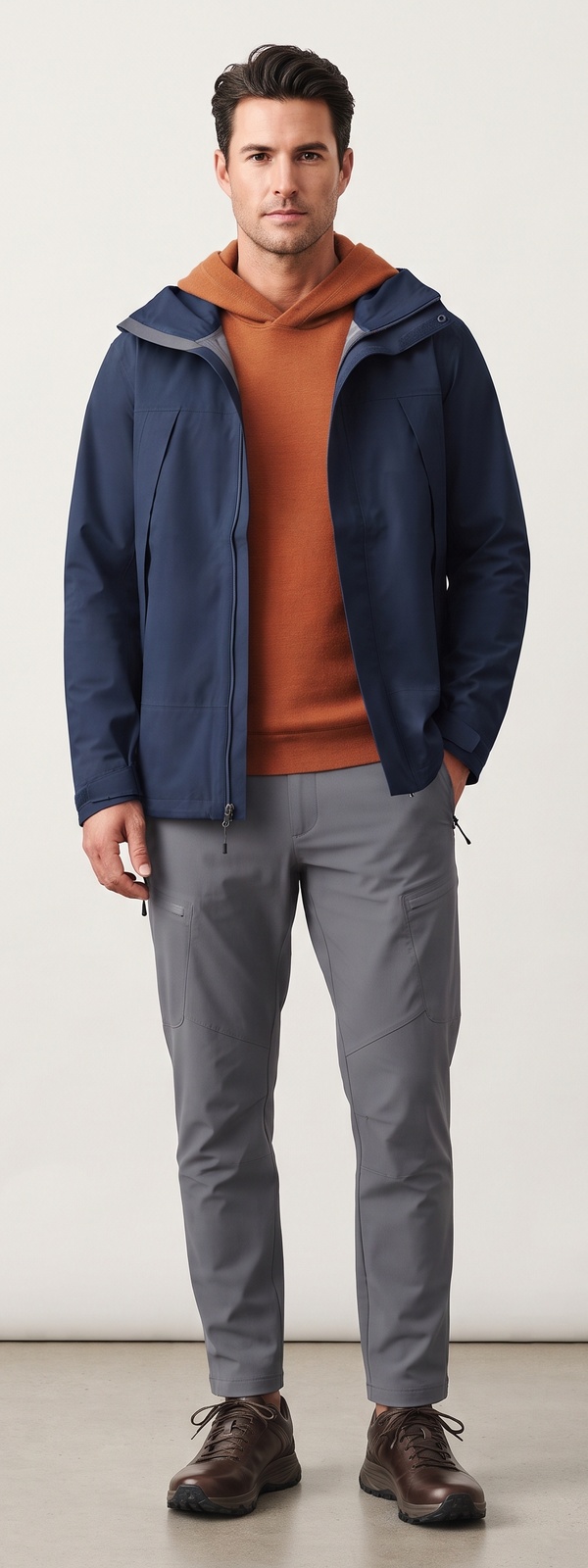 Navy Hooded Technical Shell Jacket Rust Hoodie and Grey Cargo Pants Look