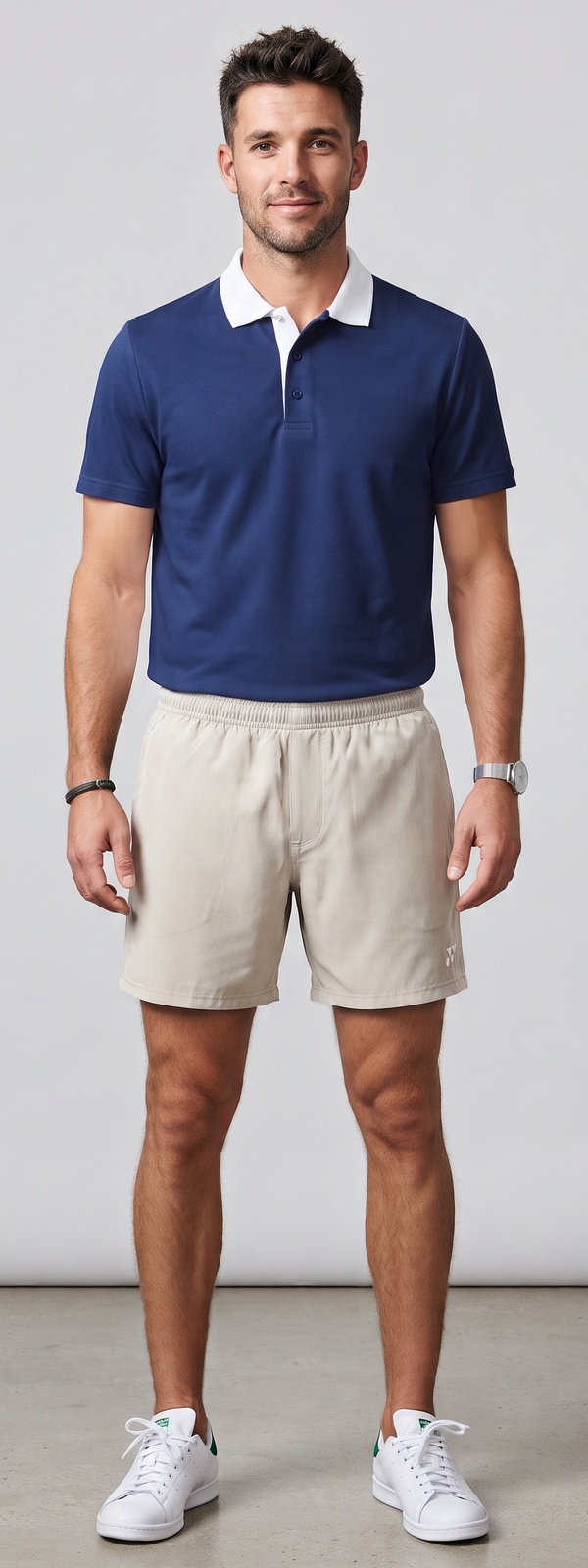 Navy Tennis Polo Shirt and Stone Athletic Shorts Summer Look