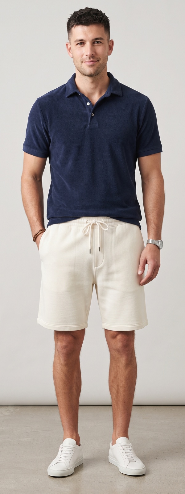 Navy Terry Cloth Polo and Cream Sweat Shorts Summer Look