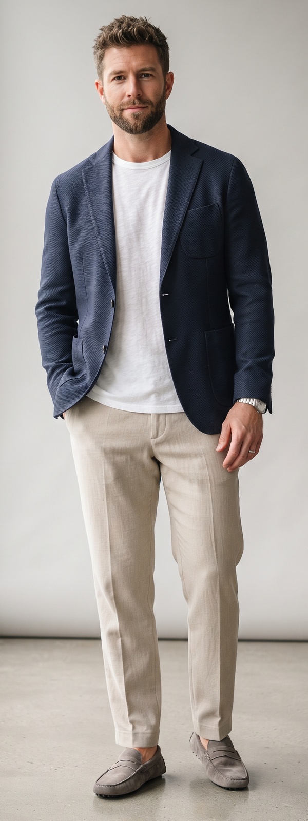 Navy Textured Knit Blazer With White Crewneck Tee and Stone Linen Dress Pants