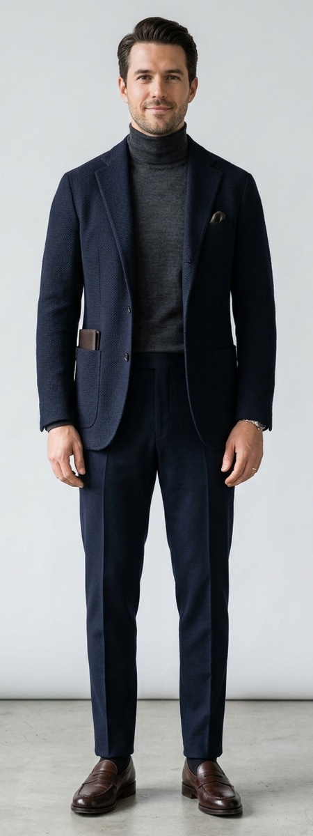 Navy Textured Knit Wool Suit with Charcoal Turtleneck and Leather Loafers