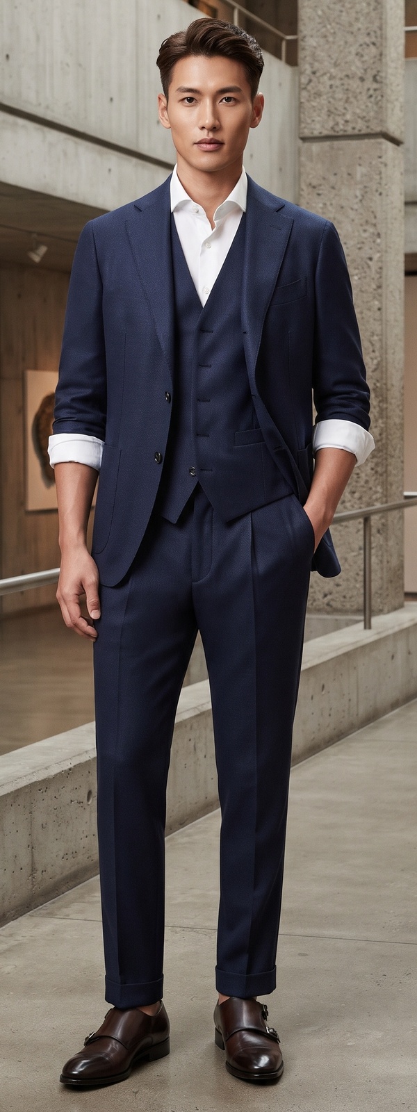 Navy Three-Piece Suit, White Dress Shirt, and Dark Brown Monk Straps
