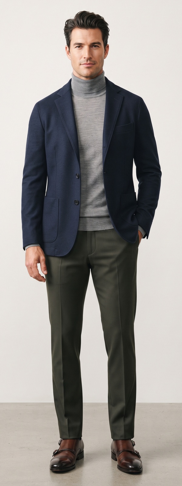 Modern Navy Unstructured Blazer Heather Grey Turtleneck and Olive Pants Look