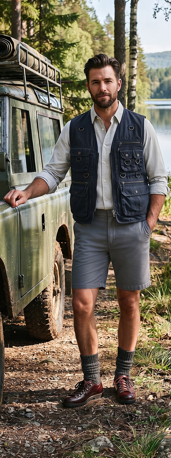 Alpine Navy Utility Vest and Grey Trail Shorts Overland Look