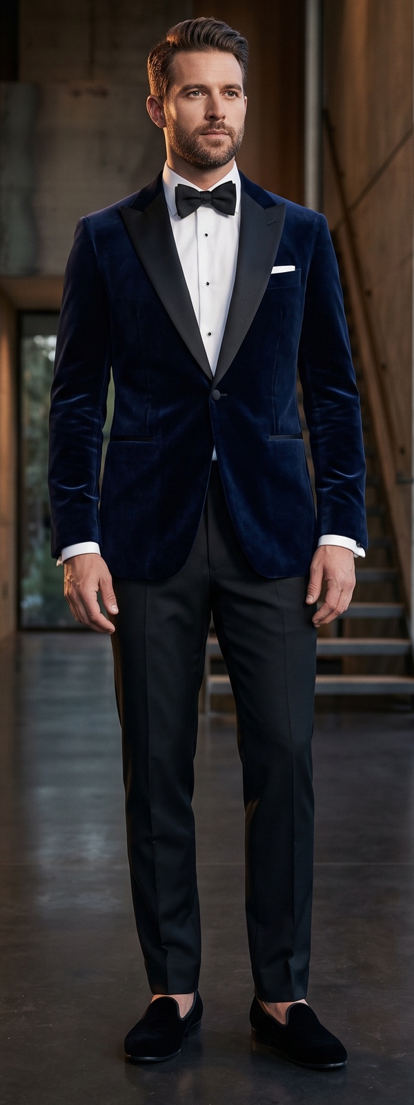Black Tie Navy Velvet Tuxedo Dinner Jacket with Black Satin Peak Lapels