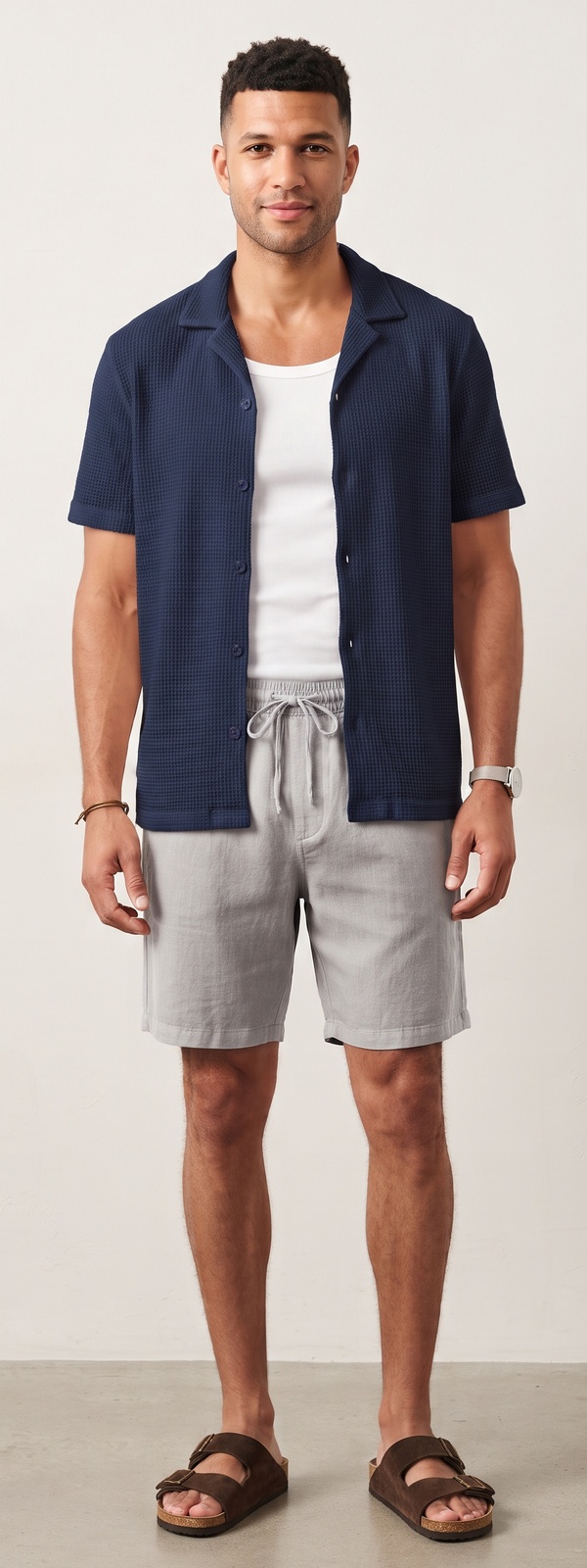 Navy Waffle Knit Shirt and Grey Drawstring Shorts Summer Look