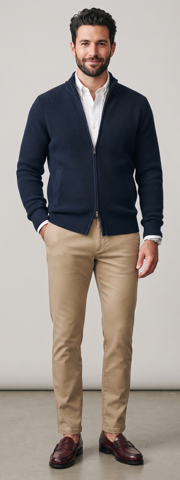 Navy Waffle Knit Zip Cardigan with White Shirt and Khaki Chinos