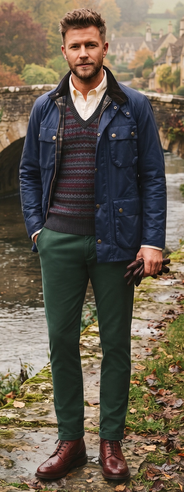 British Countryside Navy Waxed Jacket Fair Isle Vest and Green Chinos Look