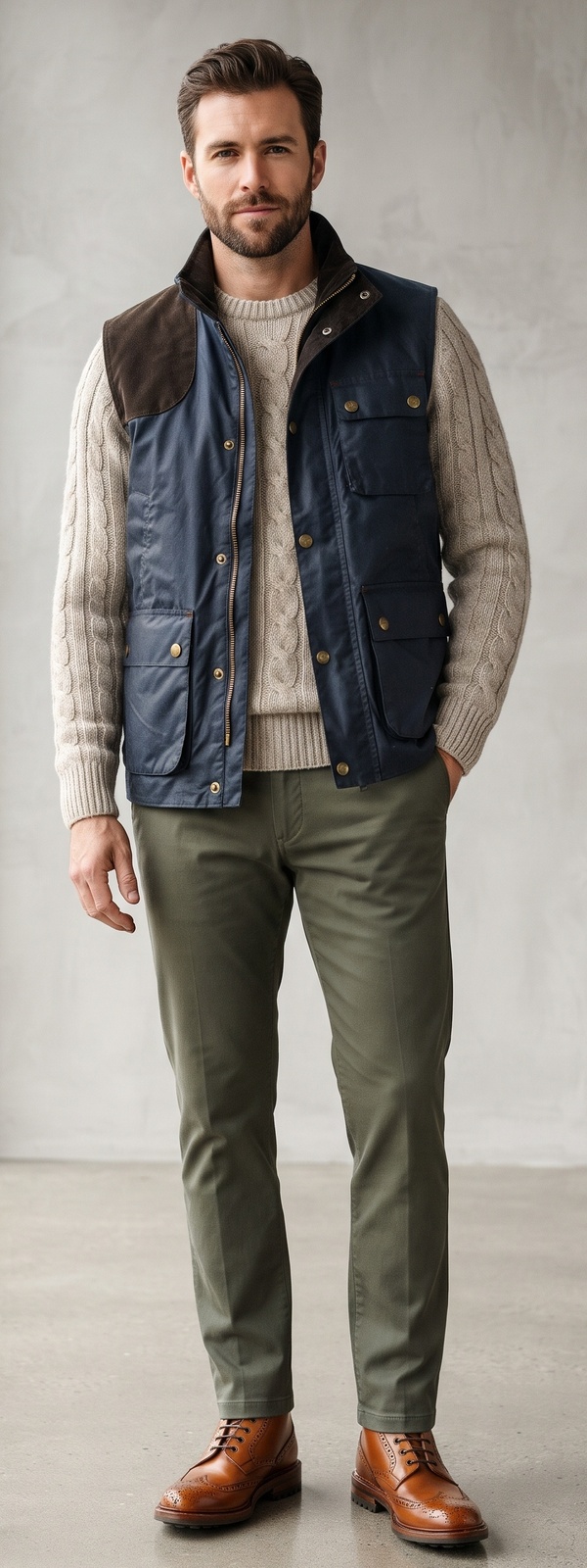 Navy Waxed Utility Vest with Oatmeal Cable Knit Sweater