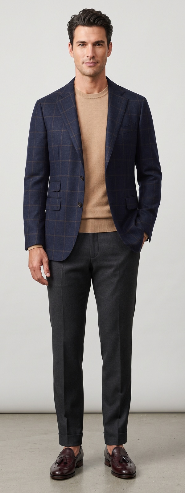 Navy Windowpane Blazer Camel Sweater and Charcoal Flannel Dress Pants Look