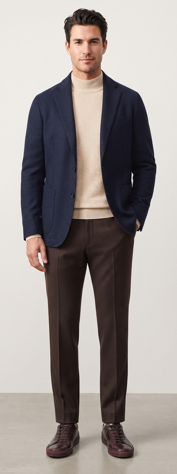 Contemporary Navy Wool Blazer Oatmeal Mock Neck and Dark Brown Pants Look