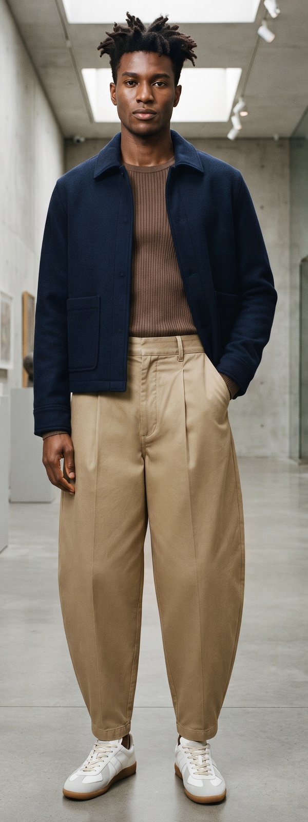 Navy Wool Blouson Jacket, Brown Ribbed Knit, and Khaki Balloon Pants