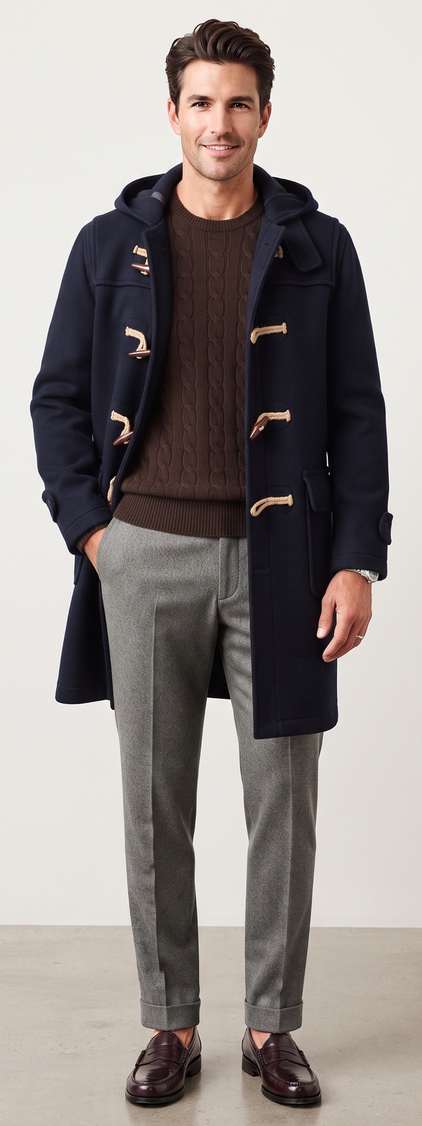 Modern Classic Navy Wool Duffle Coat Brown Cable Knit Sweater and Grey Flannel Pants Look
