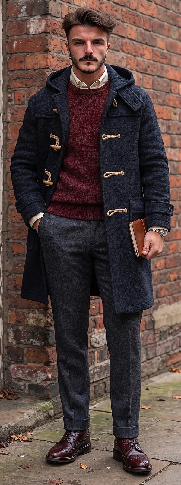 Navy Wool Duffle Coat Burgundy Sweater and Charcoal Flannel Pants Look