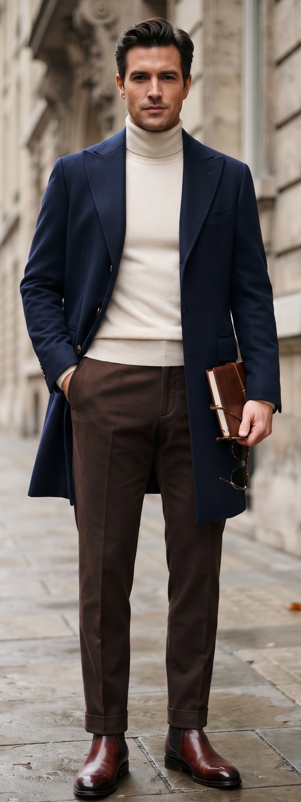 Navy Wool Overcoat with Cream Turtleneck and Brown Trousers