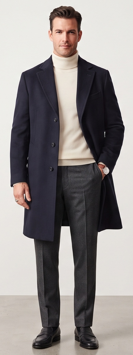 Minimalist Dark Navy Wool Overcoat Cream Turtleneck and Loafers Look