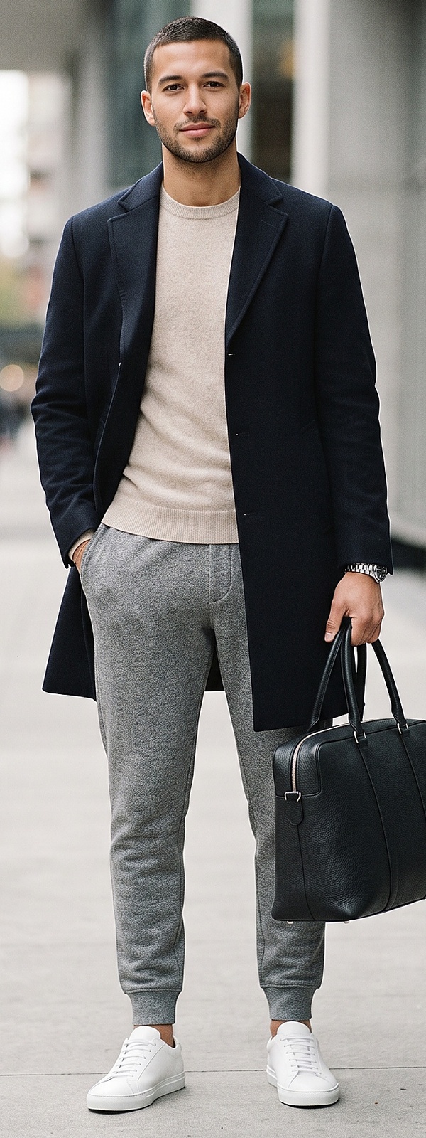 Navy Wool Overcoat Oatmeal Sweater and Grey Jogger Sweatpants Urban Look