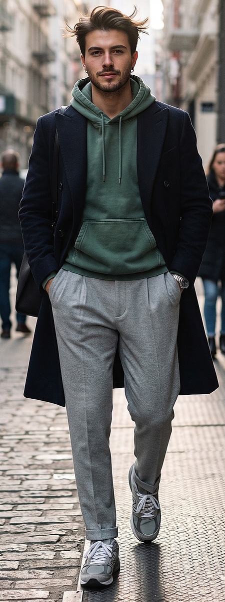 Navy Wool Overcoat Sage Green Hoodie and Grey Pleated Dress Pants Outfit