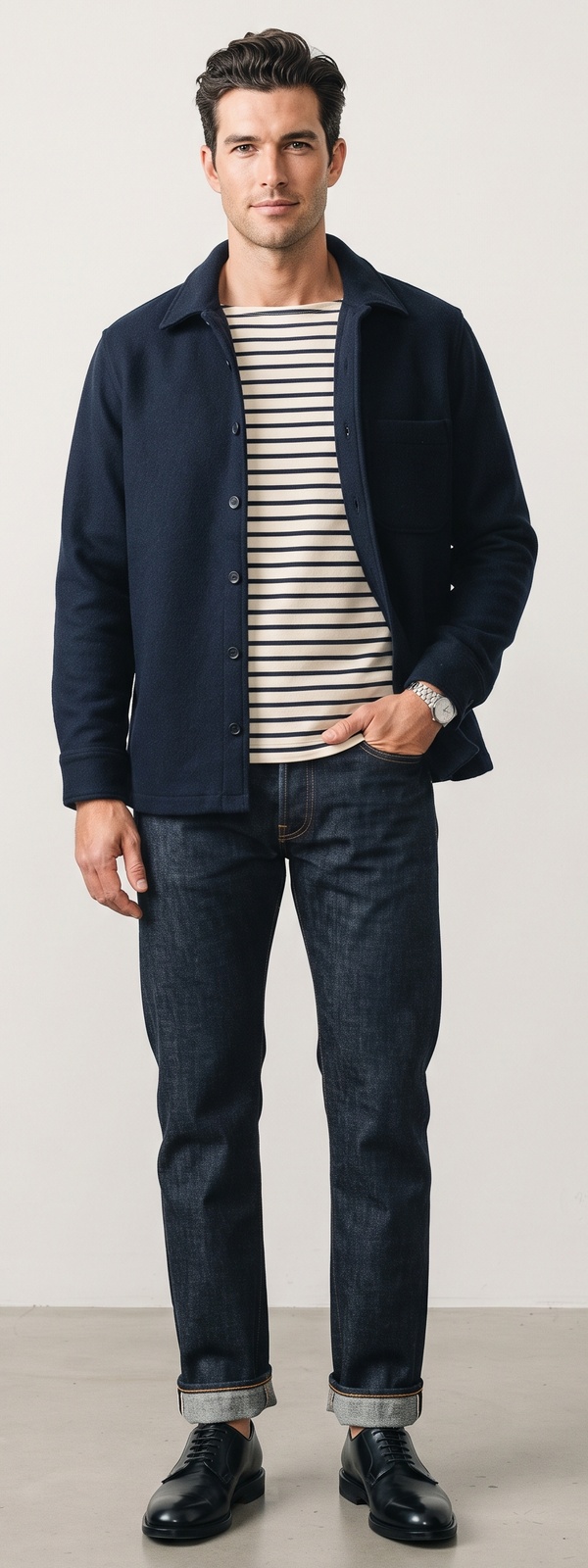 French Casual Navy Wool Overshirt Breton Stripe Tee and Selvedge Denim Look