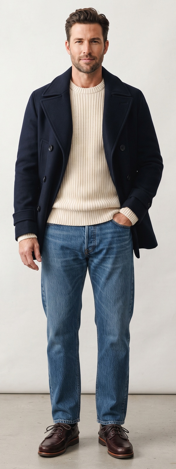 Navy Wool Pea Coat Cream Ribbed Sweater and Denim Jeans Look