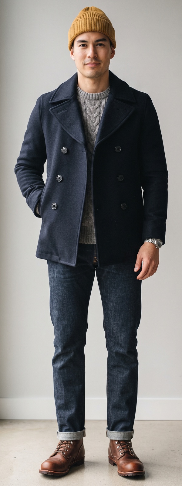 Navy Wool Peacoat with Grey Cable Knit Sweater and Dark Selvedge Jeans