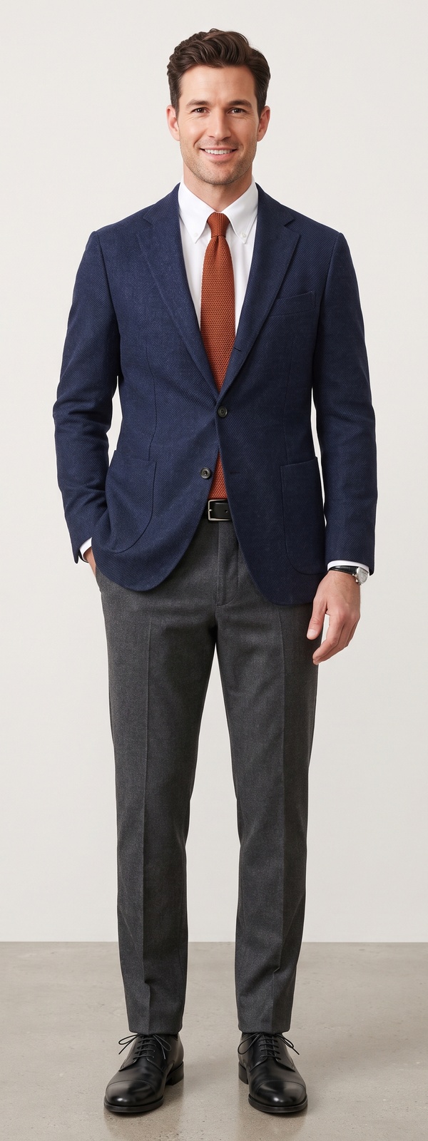 Classic Ivy Sartorial Navy Wool Sport Coat Rust Knitted Tie and Grey Flannel Pants Look