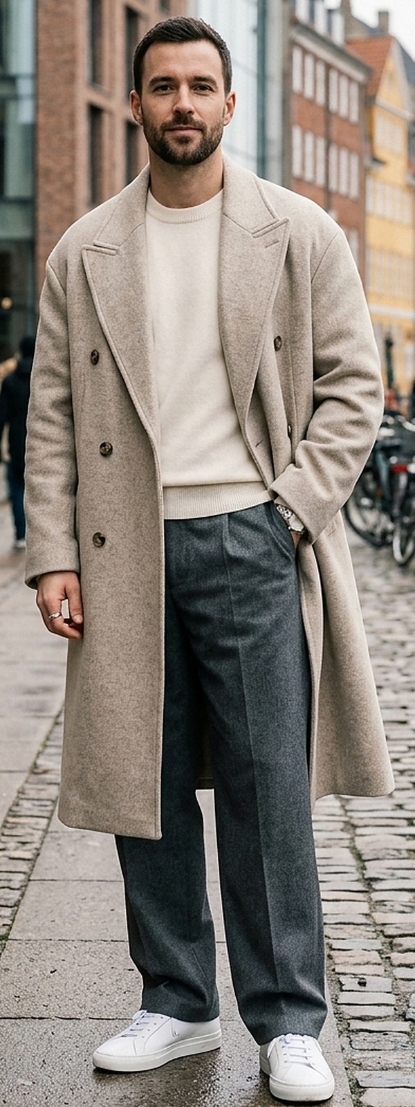 Nordic Minimalist Heavy Wool Overcoat and Cashmere Knit with Pleated Flannels