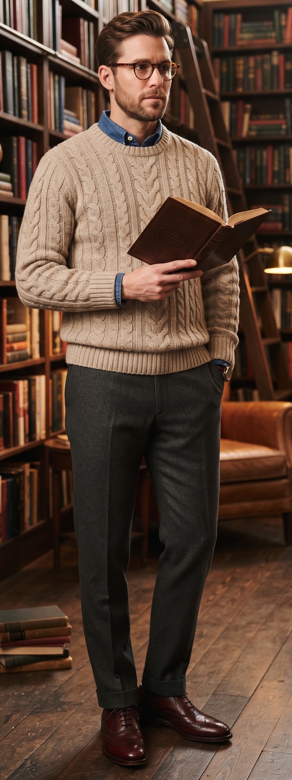 Oatmeal Cable Knit Sweater and Charcoal Wool Dress Pants Book Club Look