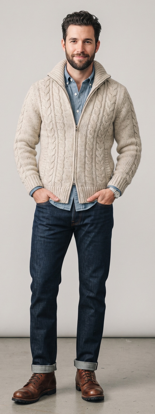 Oatmeal Cable Knit Zip Cardigan with Chambray Shirt and Selvedge Jeans