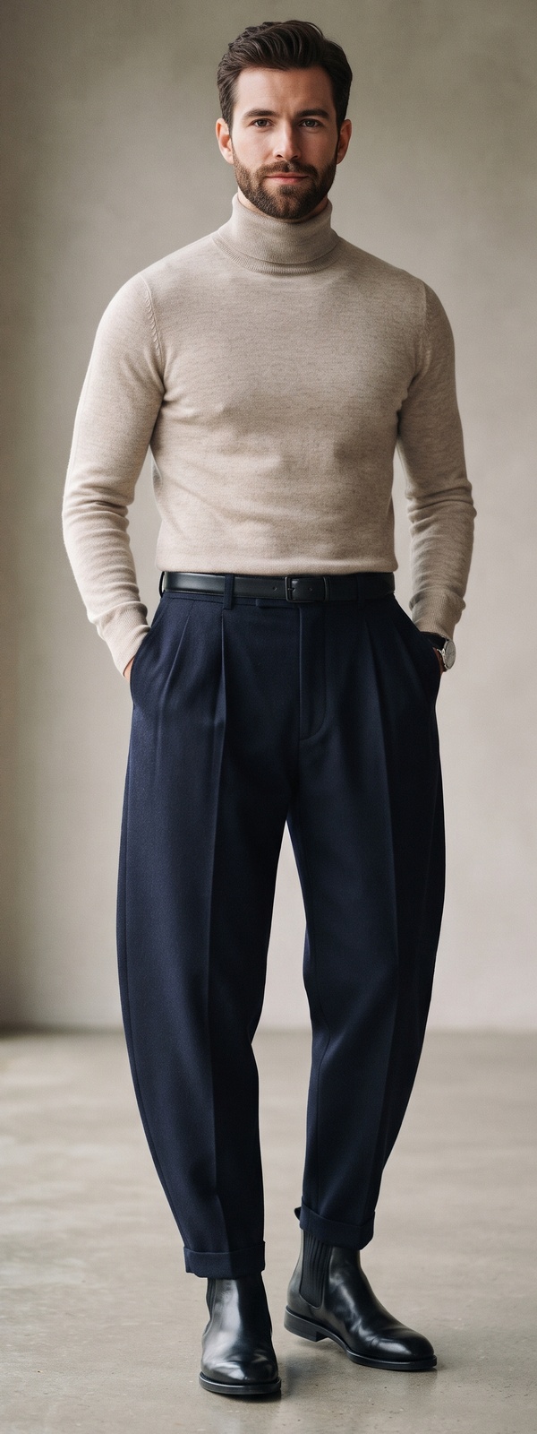 Oatmeal Cashmere Turtleneck with High Waisted Pleated Tapered Dress Pants