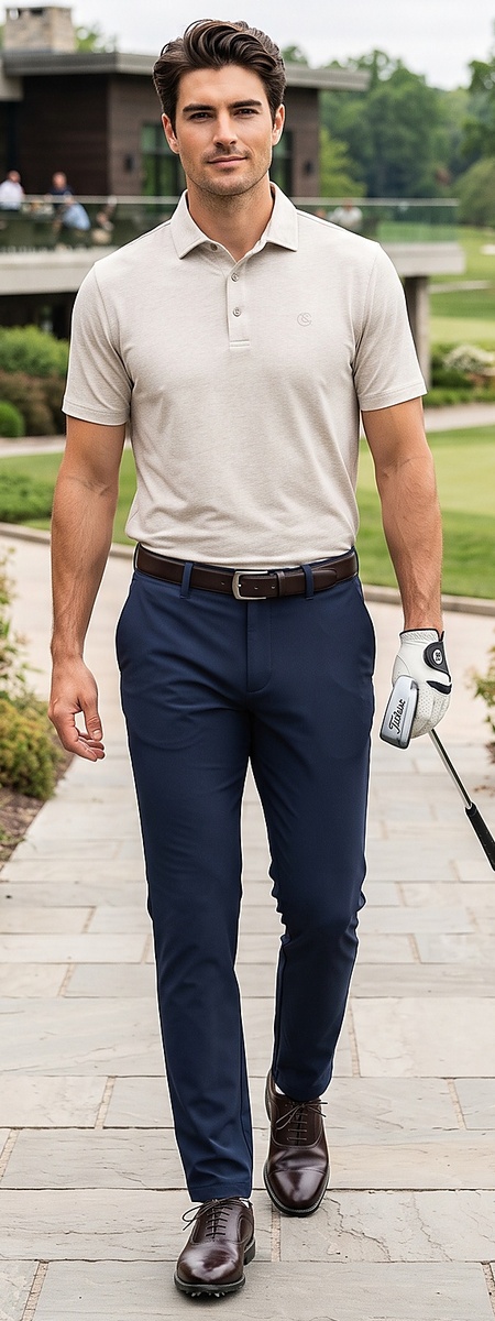 Classic Oatmeal Heather Polo and Navy Blue Golf Pants Style
