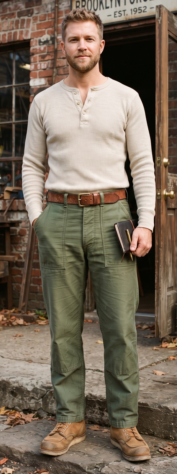 Rugged Brooklyn Workshop Oatmeal Henley Shirt and Fatigue Pants Look